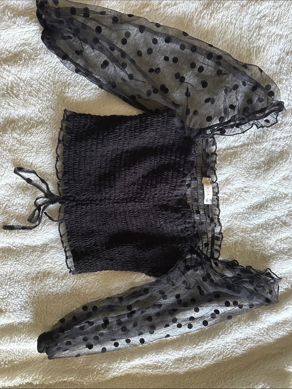 Black Polka Dot Sheer Sleeve Smocked Crop Top